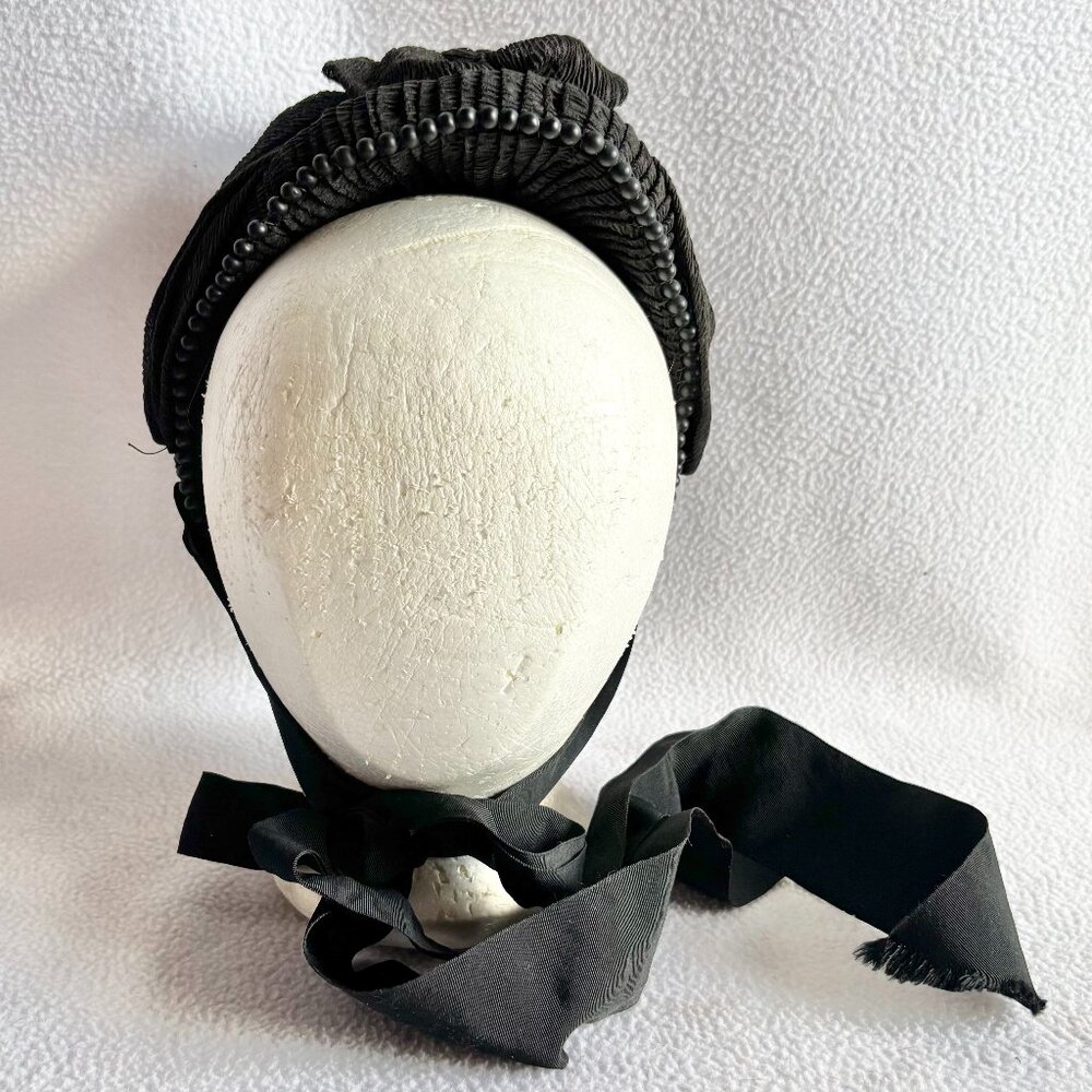 Antique Victorian Black Crepe Beaded Ruched Bonnet - Picture 2 of 15